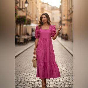 English Factory Square Neck Ruffle Smock Midi Dress Pink Sz  XS NWT
